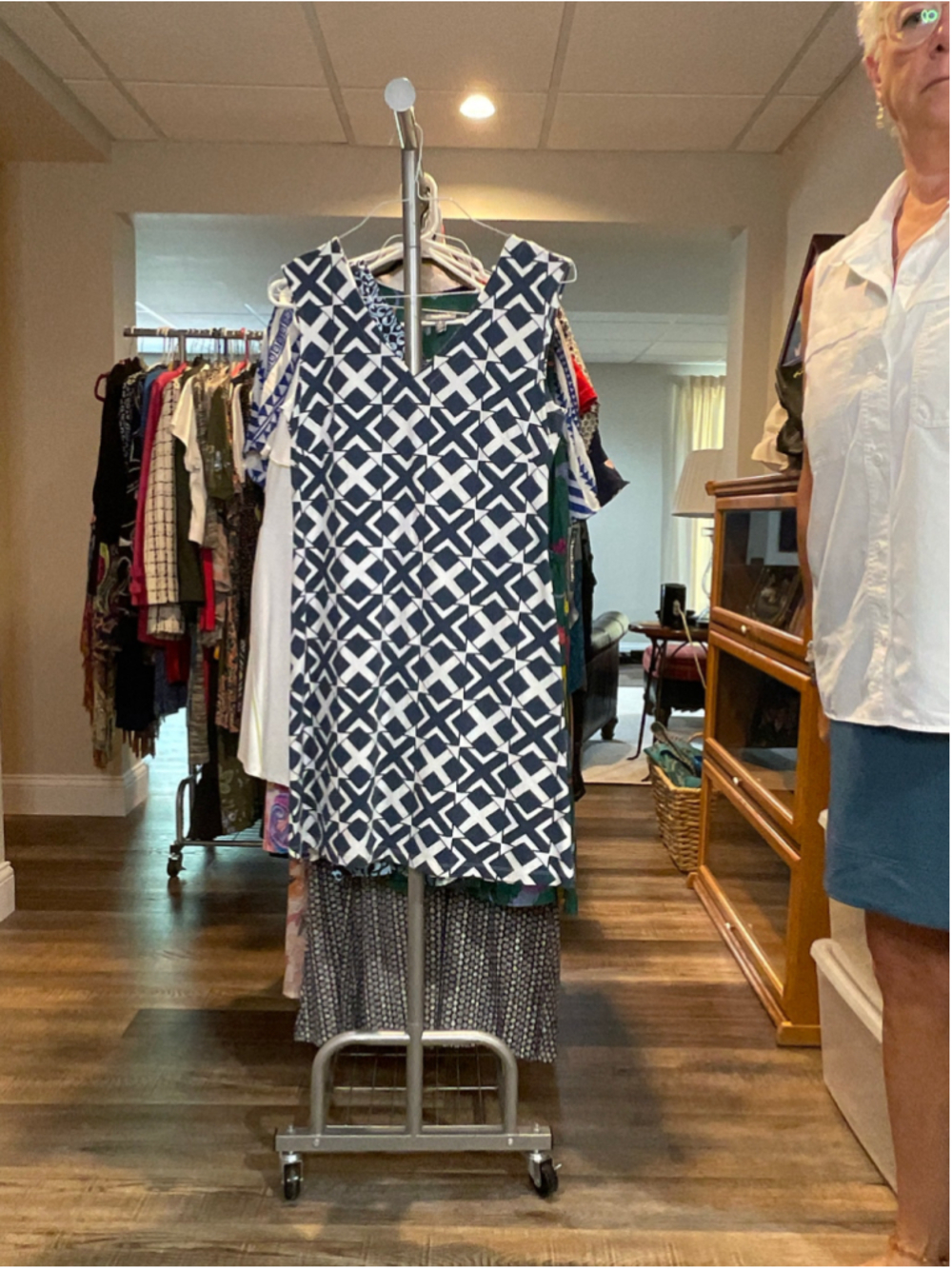Women's Mahi Gold Navy White Geometric Print Sleeveless Dress Size L